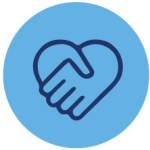 Blue graphic icon of hands holding