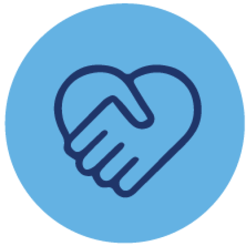 Blue graphic icon of hands holding