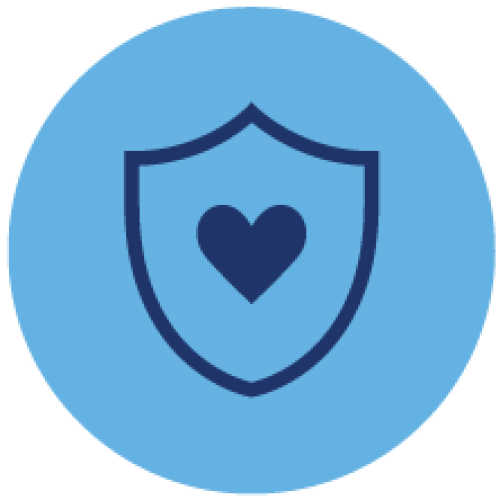Blue graphic icon of a heart within a shield
