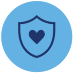 Blue graphic icon of a heart within a shield