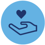 Blue graphic icon of a hand holding a heart