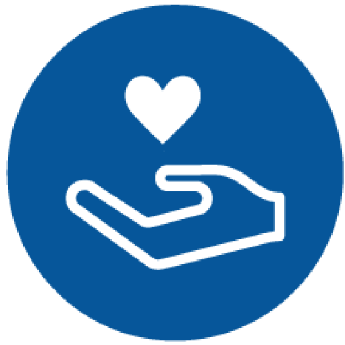 Blue graphic icon of a hand holding a heart