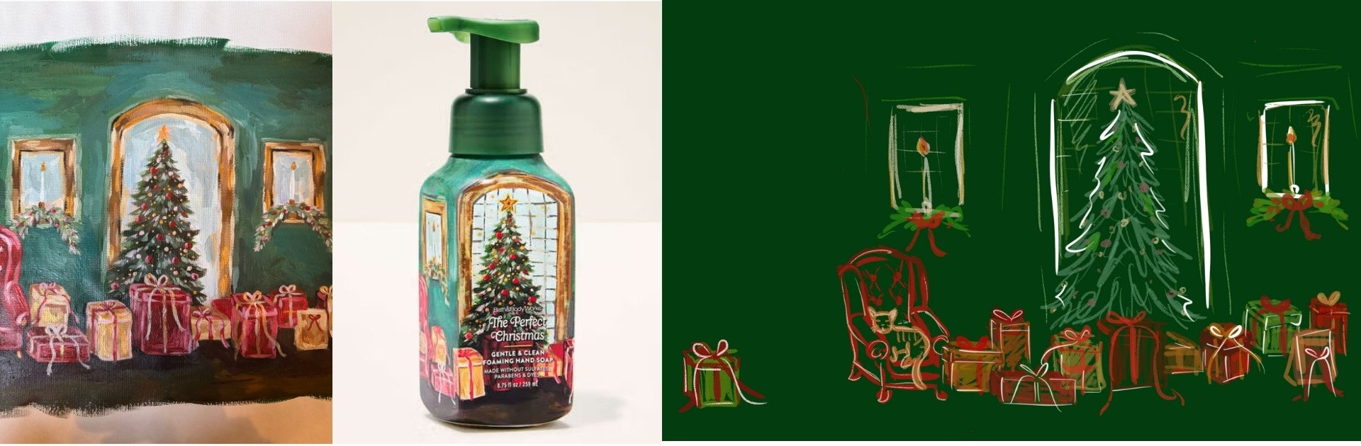 Photo of painting and a hand soap bottle with the painting on the label