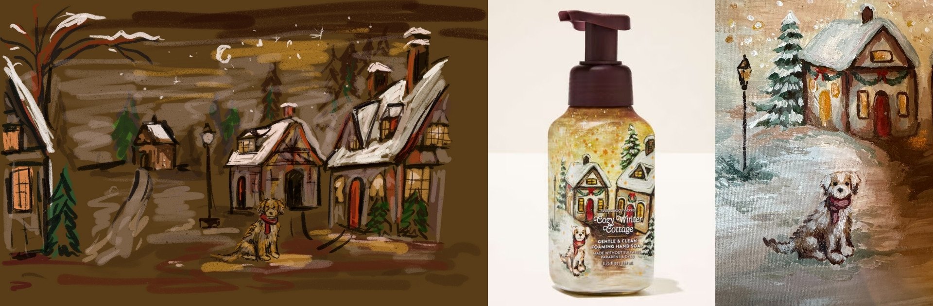 Photo of painting and a hand soap bottle with the painting on the label