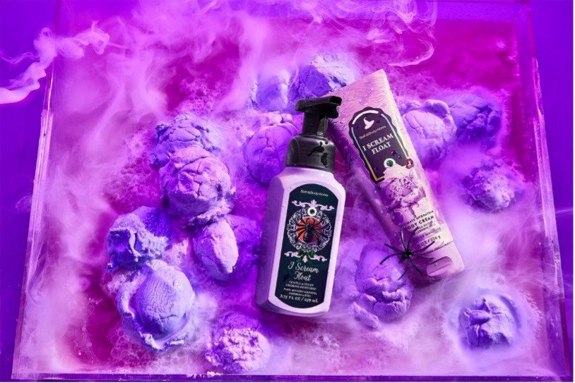 Bath & Body Works summerween collection products on top of purple misty ice cream