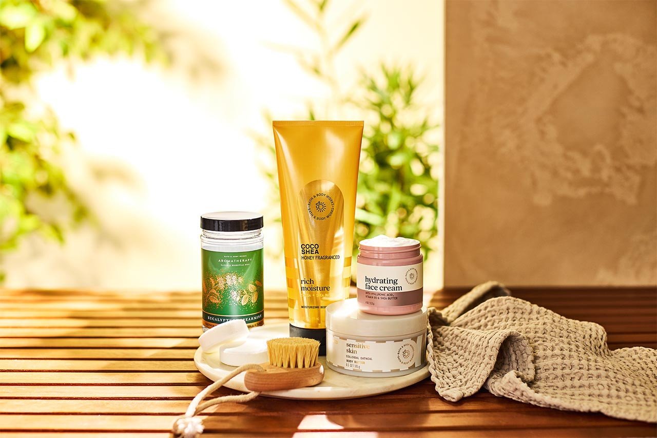 Bath & Body Works wellness products with a spa-like background