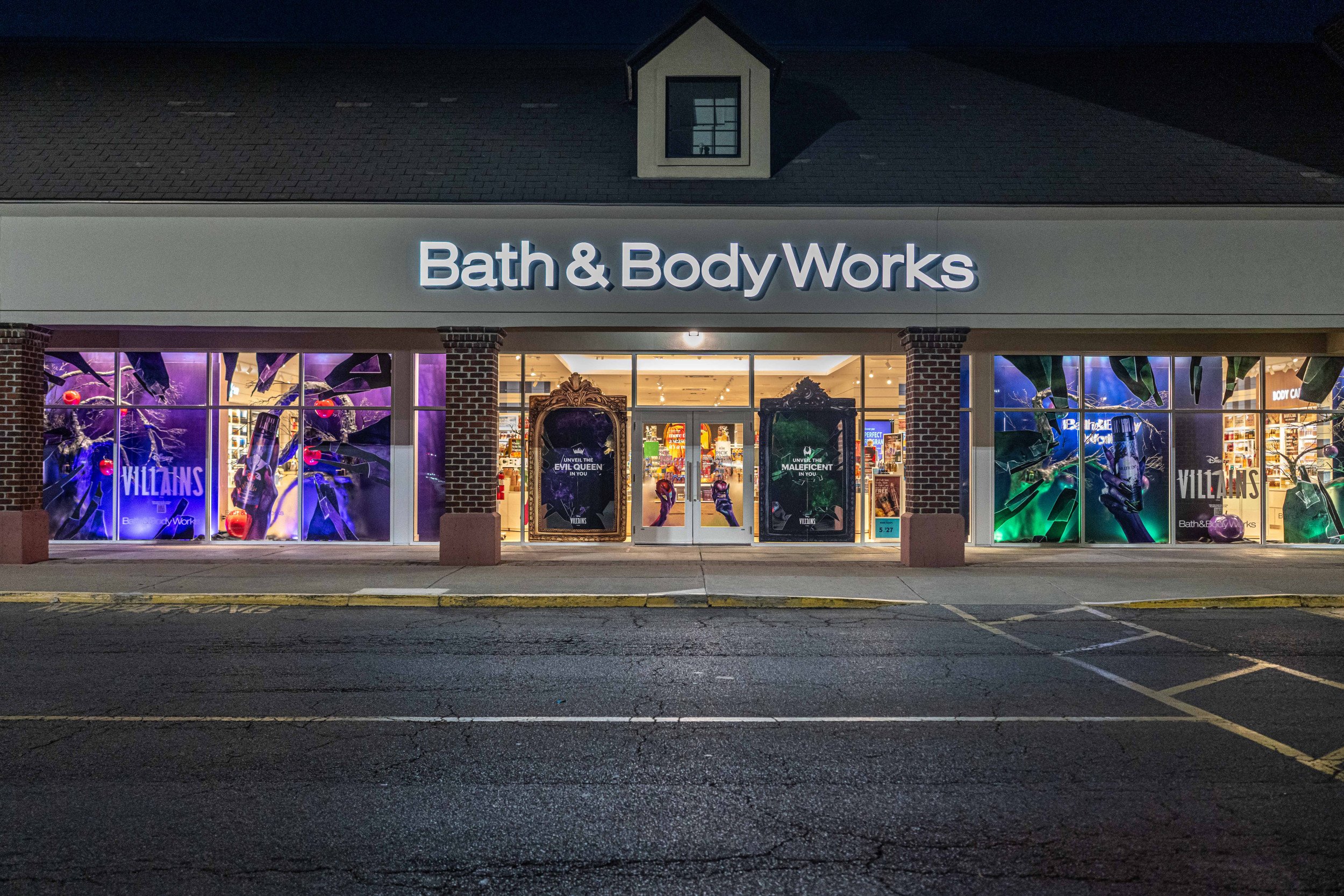 Photo of Bath & Body Works store windows with Disney Villains decor