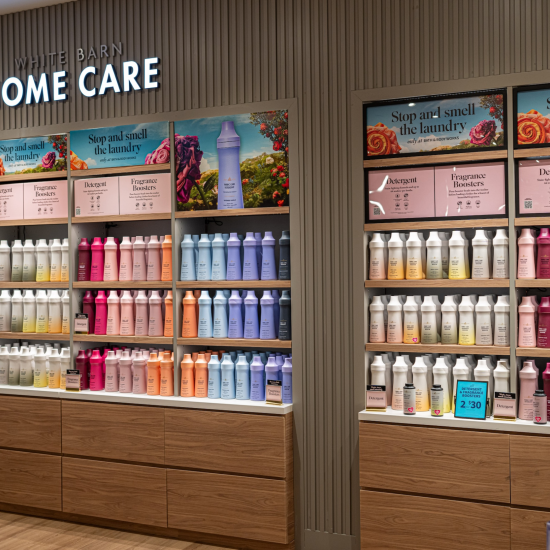 Photo of laundry product wall in a Bath & Body Works store