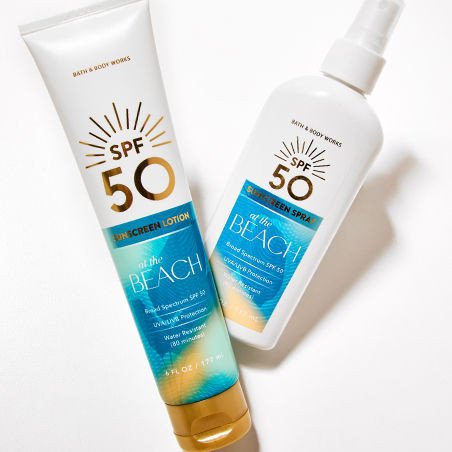 Bath & Body Works SPF 50 products on white background