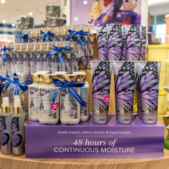 Close up of Butterfly product stand in a Bath & Body Works store