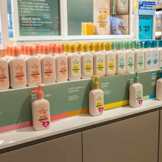 Moisturizing hand soap product stand in a Bath & Body Works store