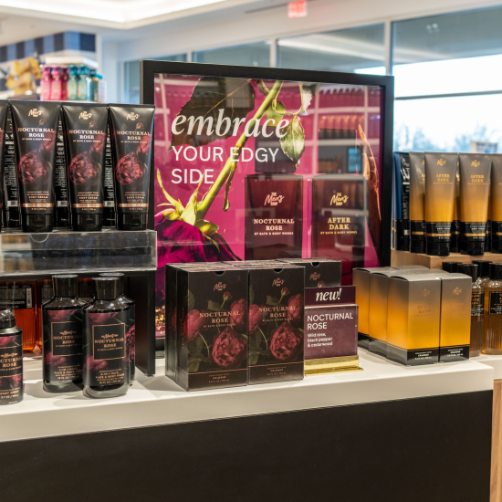 Nocturnal Rose and After Dark product stand in a Bath & Body Works store