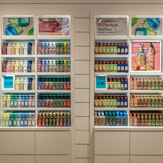 Wall of hand soaps from Spring collections in a Bath & Body Works store