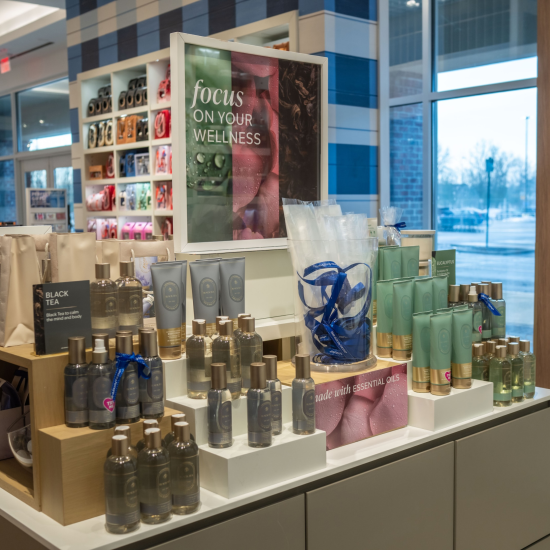 Black Tea and Eucalyptus product stand in a Bath & Body Works store