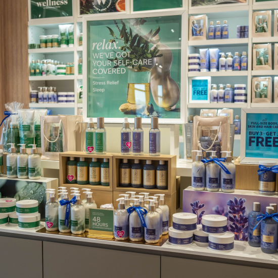 Sleep and Stress relief wellness product stand in a Bath & Body Works store